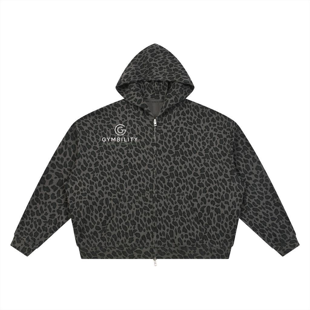 Unisex Leopard Print Waffle Full Zip Hoodie